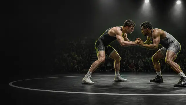 Two adult wrestlers competing on a mat with wrestling footwear visible